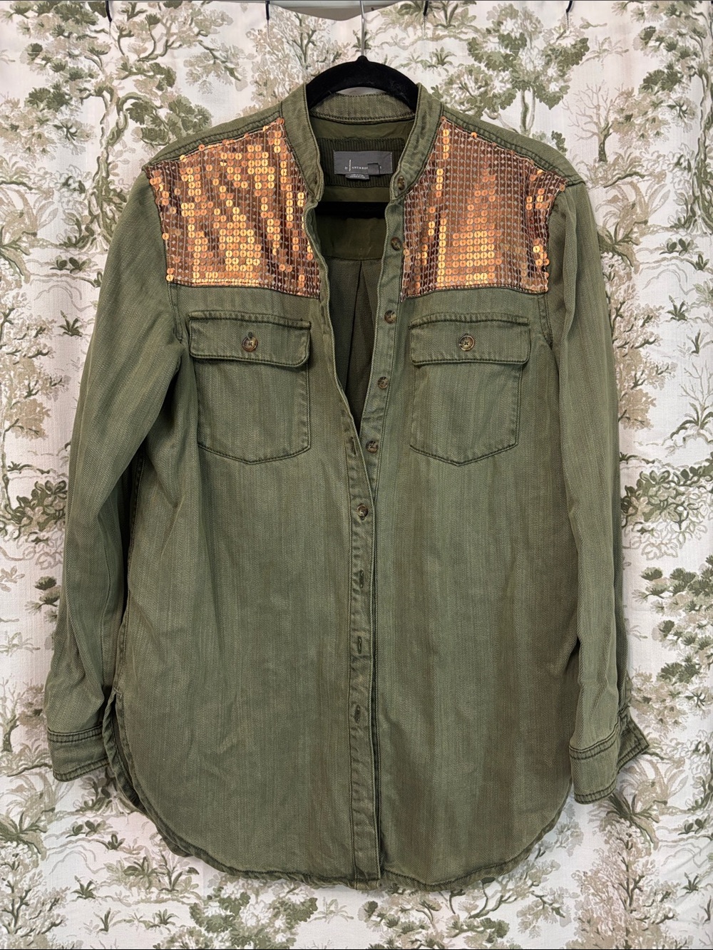 Anthropologie Olive Green Utility Jacket with Gold Sequin Shoulders